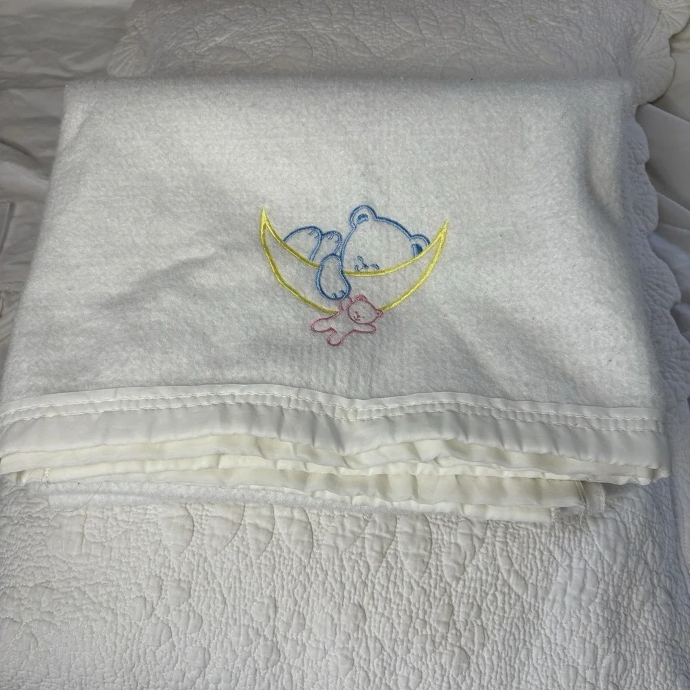 Vintage White Polyester Baby Blanket Teddy Moon 40x40